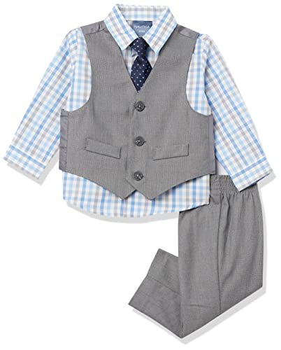 Nautica baby boys 4-piece Vest Set With Dress Shirt, Vest, Pants, and Tie Suit, Light Grey/Blue Check, 18 Months US