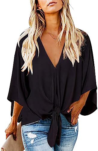 Women's Casual Blouse Vneck Work Office Batwing Sleeve Chiffon Tops Loose Fitting Shirts M Black