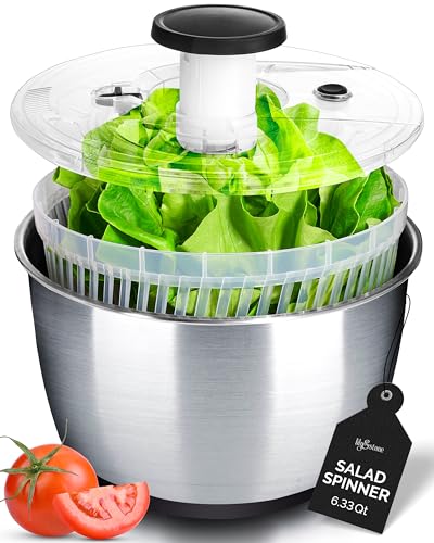 lily&stone Large Stainless Steel Pump Salad Spinner with Drain, Bowl, and Colander - Quick and Easy Multi-Use Lettuce Spinner, Vegetable Dryer, Fruit Washer, Pasta and Fries Spinner - 6.33 Qt