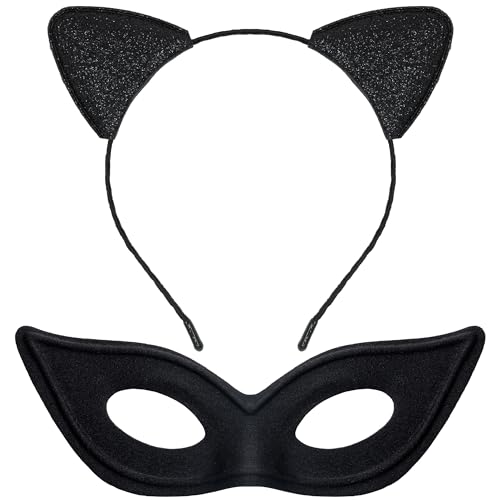 Cheerin Cat Ear Headband with Cat Mask | Glitter Kitty Cat Ears Headband with Black Mask | Halloween Cat Costume accessory for Kids and Adults | Cat themed Party, Christmas, Cosplay Party Costume