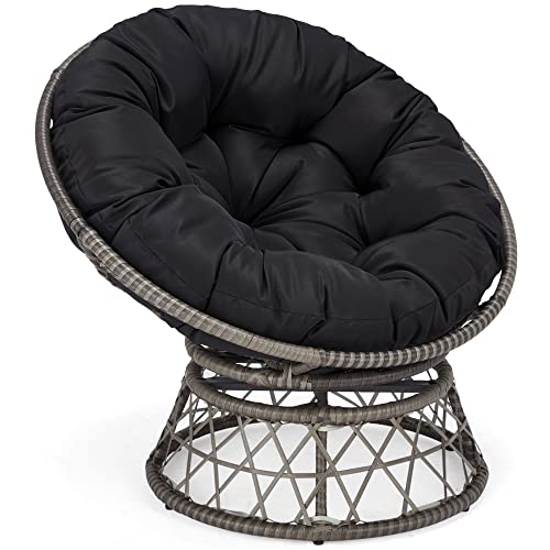 KROFEM 36.6' Wicker Papasan Circle Chair, 360° Swivel Living Room Chair, Indoor Outdoor Rattan Chair with Thick Cushion, Ideal for Teenagers, Kids, Grey Frame with Black Cushion