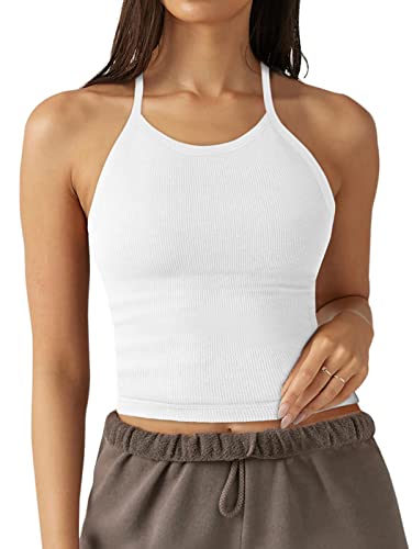 LASLULU Womens Sports Bra Halter Neck Crop Tops Seamless Casual Camisole Longline Running Athletic Bra Cropped Tops(White Medium)