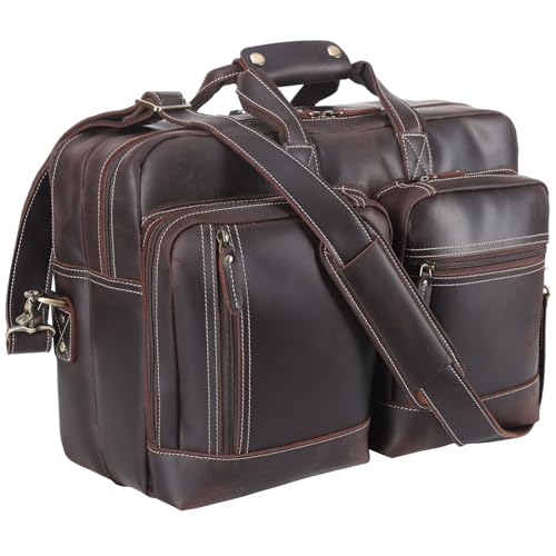 Masa Kawa Leather Briefcase for Men Expandable Large Vintage 17 Inch Laptop Messenger Bag Crossbody Shoulder Business Travel Duffel Bags Attache Case