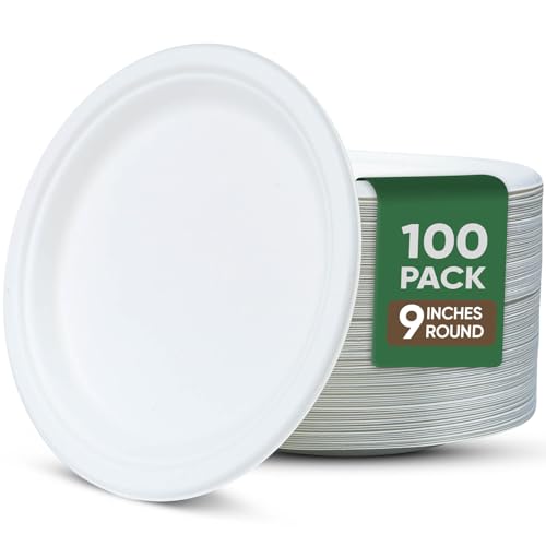 TaidMiao Paper Plates 9 Inches, 100 Pack Disposable Plates For Party – 100% Compostable Plates, Water & Oil Proof Paper Plates, Microwavable Paper Plates Bulk - White