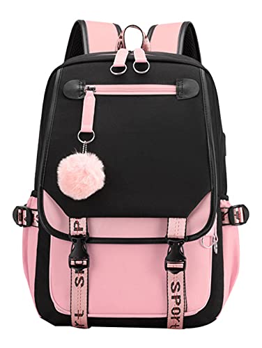 JiaYou Teenage Girls' Backpack Middle School Students Bookbag Outdoor Daypack with USB Charge Port (21 Liters, Black Pink)