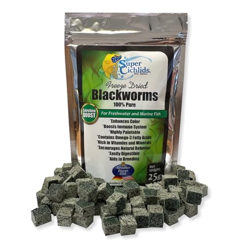 Freeze Dried Blackworms with Spirulina (100+ Cubes) - Perfect for Marine & Freshwater Aquariums - High Protein, No Preservatives - Live Blackworms Alternative (25 Grams)