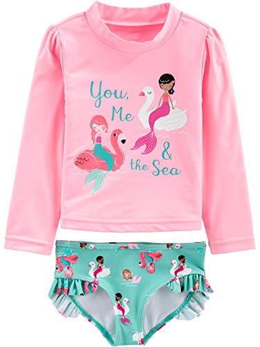 Simple Joys by Carter's Girls' 2-Piece Assorted Rashguard Sets, Aqua Green Swan/Pink Mermaid, 3T