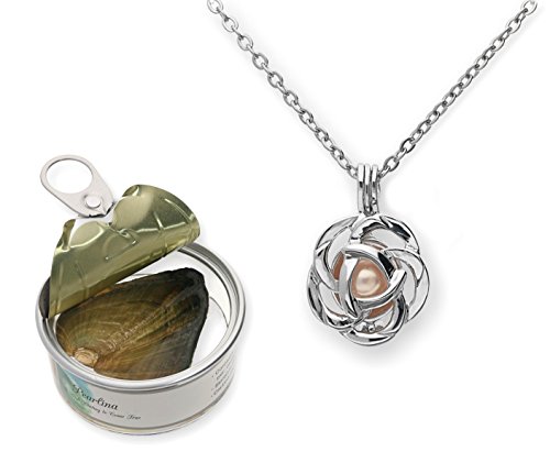 Pearlina Rose Flower Cultured Pearl Oyster Necklace Set Silver-tone Pendant w/Stainless Steel Chain 18'