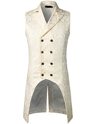 ZEROYAA Mens Gothic Steampunk Double Breasted Jacquard Brocade Vest Waistcoat Sleeveless Tailcoat ZLSV11 Cream X Large