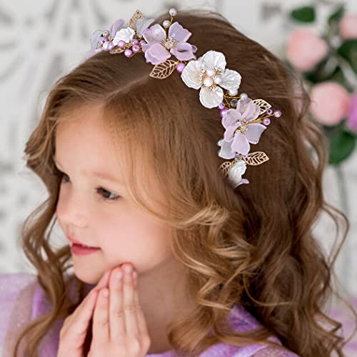 Campsis LED Flower Girl Headpiece Glowing Pearl Princess Light up Headband for Wedding Leaf Floral Crystals Frist Communion Hair Accessories Prom Birthday for Girls (Gold)