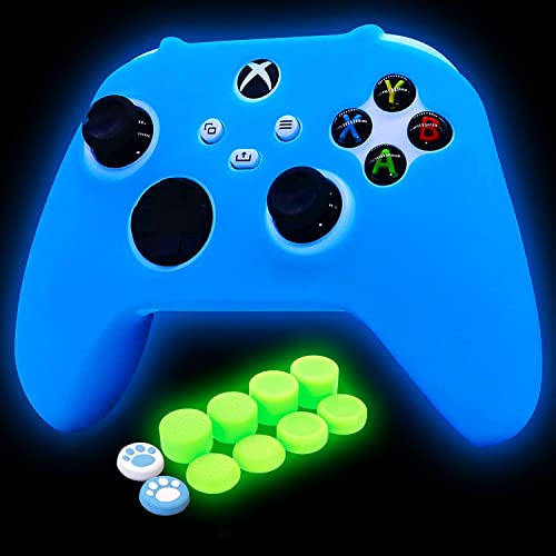 HLRAO Blue Silicone Cover Skin for Xbox Series X/S Controller Glow in The Dark Anti-Slip Soft Rubber Case Protector Accessories Set with 8 Glow in The Dark Thumb Grips Caps + 2 Cute Cat Paw Caps.