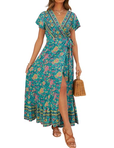 ZESICA Women's 2024 Bohemian Floral Printed Wrap V Neck Short Sleeve Split Beach Party Maxi Dress,Green,Large