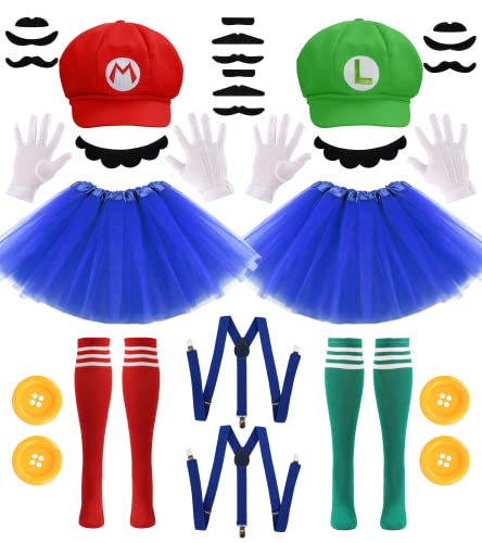 PIIDUOO Super Bros Mary & Luigi Costume for Adults Women Hats Mustache Gloves Accessories Kit for Girls Kids Halloween Cosplay