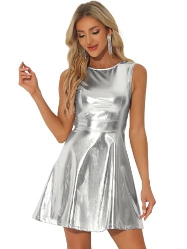 Allegra K Women's Metallic Sleeveless High Waist Club Party Disco Holographic Dress X-Small Shiny Silver