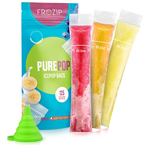 Frozip 125 Disposable Ice Popsicle Mold Bags| BPA Free Freezer Tubes With Zip Seals | For Healthy Snacks, Yogurt Sticks, Juice & Fruit Smoothies, Ice Candy Pops| Comes With A Funnel (8x2')