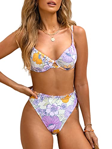 CUPSHE Women Swimsuit Bikini Set Two Piece High Waisted Drawstring Floral Bathing Suit with Underwire, S Lavender