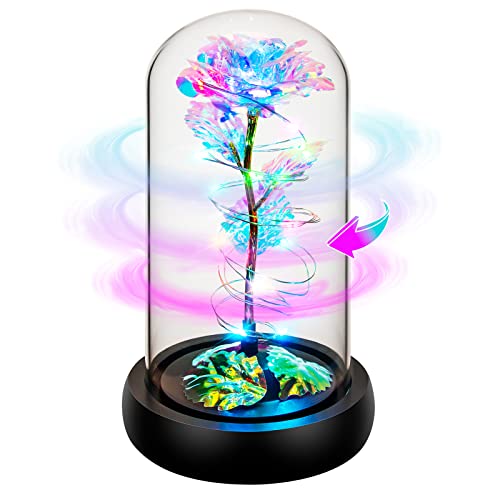 Childom Rotating Birthday Gifts for Women,Mothers Day Rose Gifts,Light Up Rose in Glass Dome,Spinning Rainbow Colorful Rose Flower Gifts for Mom From Daughter,Wife,Anniversary,Graduation Gift,Mom Gift