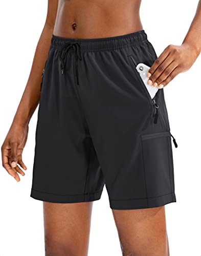 SANTINY Women's Hiking Cargo Shorts Quick Dry Lightweight Summer Shorts for Women Travel Athletic Golf with Zipper Pockets(Black_L)