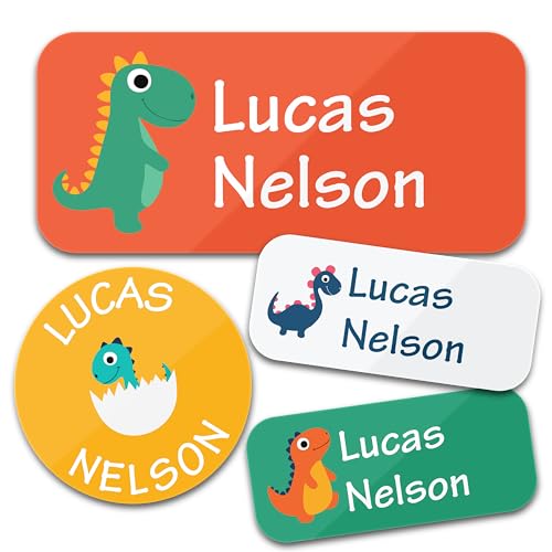 Bunny Badges Personalized Daycare Name Labels (130 Labels) - Custom Waterproof Name Stickers for Clothing Tags, Water Bottles, Lunch Boxes and School Supplies (Dinosaurs)