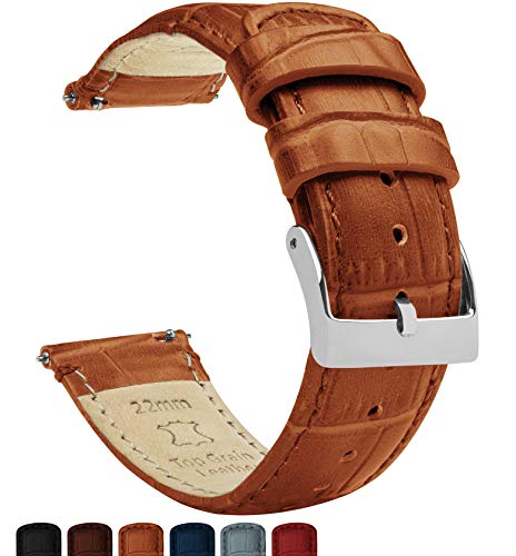 BARTON WATCH BANDS Alligator Grain - Quick Release Leather Watch Bands, Standard Length, Toffee Brown & Stainless Steel Buckle, 22mm