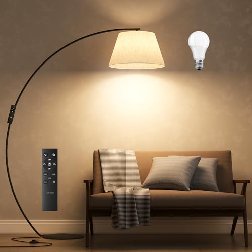 luckystyle Arc Floor Lamp, 1200LM Super Bright 71 Inch Extra Tall Floor Lamp with Dimmable E26 Base Bulb and Adjustable Lampshade, LED Hanging Lamp with Remote and Foot Switch Black