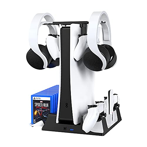 JOYTORN PS-5 Vertical Stand with Cooling Fan and Dual Controller Charger Station for Playstation 5 Console, PS-5 Accessories with Headset Hooker,14 Game Rack Storage, Media Remote Organizer