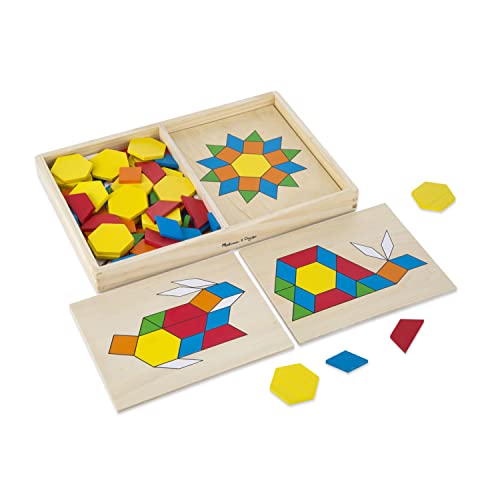 Melissa & Doug Pattern Blocks and Boards - Wooden Classic Toy With 120 Solid Wood Shapes and 5 Double-Sided Panels, Multi-colored - STEAM Animals, Tangrams Puzzle For Kids Ages 3+