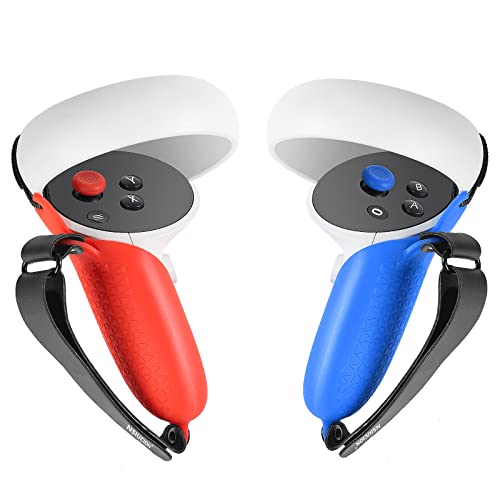 Nsiucion Touch Controller Grip Cover for Oculus Quest 2 VR Game Controller, Anti-Throw Handle Protective Sleeve with Adjustable Wrist Knuckle Strap Oculus Quest 2 Accessories (Left Red and Right Blue)