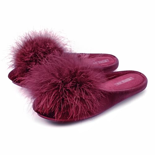 BCTEX COLL Women's Cozy Velvet Memory Foam House Slipper,Ladies Fuzzy Bedroom Slipper Non-slip Sole Burgundy 7-8