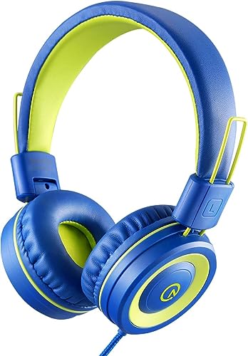noot products Kids Headphones with Microphone K12 Stereo 5ft Long Cord with 85dB/94dB Volume Limit Wired On-Ear Headset for iPad/Amazon Kindle,Fire/Toddler/Boys/Girls/School(Blue/Lime)