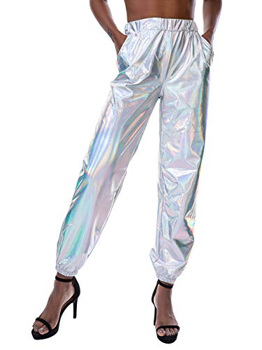 SIAEAMRG Womens Shiny Metallic High Waist Stretchy Jogger Pants, Wet Look Hip Hop Club Wear Holographic Trousers Sweatpant (Silver, M)