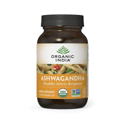 ORGANIC INDIA Ashwagandha Herbal Supplement - Vegan, Gluten-Free, Kosher, USDA Certified Organic, Non-GMO, Endurance, Vitality & Strength - 90 Capsules