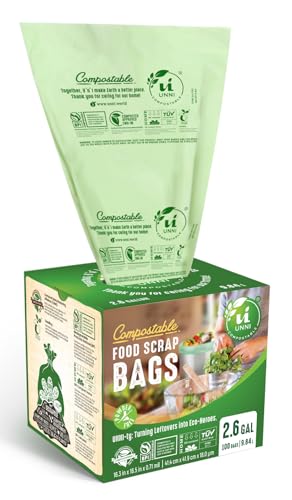 UNNI Compostable Liner Bags, 2.6 Gallon, 9.84 Liter, 100 Count, Extra Thick 0.71 Mil, Small Kitchen Food Scrap Waste Bags, ASTM D6400, US BPI, CMA & Europe OK Compost Home Certified, San Francisco