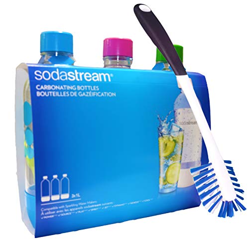 Soda Stream 3 Pack Original Sodastream Reusable Sparkling Water Carbonating Bottles 1L 1 Liter Bundle with Kidscare 14 inch Bottle Cleaning Brush