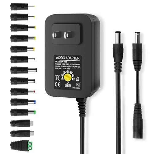 3V, 4.5V, 5V, 6V, 7.5V, 9V, 12V Variable Voltage Power Supply Adjustable, Output Current 0.5A, 1A, 1.5A, 2A, 2.5A Max. are Available, 5V 2.1A for USB Port, 14 Tips &1 Reverse Polarity Converter Cable