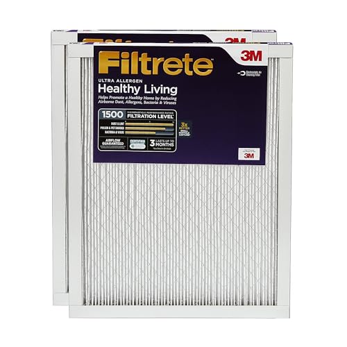 Filtrete 20x30x1 AC Furnace Air Filter, MERV 12, MPR 1500, CERTIFIED asthma & allergy friendly, 3 Month Pleated 1-Inch Electrostatic Air Cleaning Filter, 2-Pack (Actual Size 19.81x29.81x0.78 in)