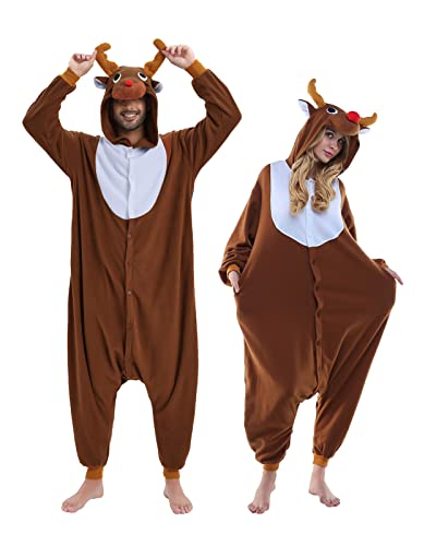 NEWCOSPLAY Unisex Adult Coffee Reindeer Onesie Plush One Piece Pajamas Christmas Costume(Medium, Coffee Reindeer)