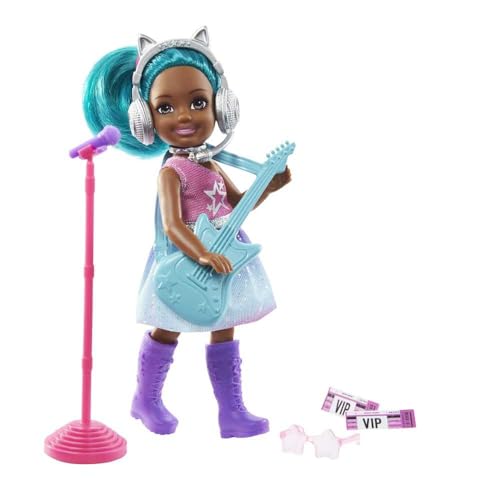 Barbie Chelsea Can Be Playset with Brunette Chelsea Rockstar Doll (6-in), Guitar, Microphone, Headphones, 2 VIP Tickets, Star-Shaped Glasses, Great Gift for Ages 3 Years Old & Up