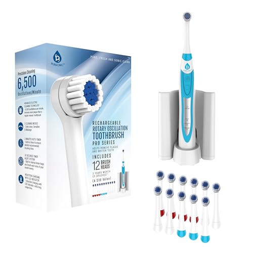 Pursonic S330 Deluxe Electric Toothbrush - Ultra Whitening Oscillating Rechargeable Battery Toothbrush for Adults with Dock Charger & 12 Brush Heads (Value Pack) (White)