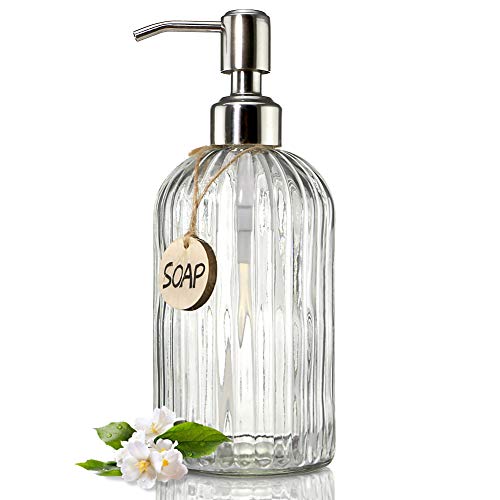 JASAI 18 Oz Clear Glass Soap Dispenser with Rust Proof Stainless Steel Pump, Refillable Liquid Hand Soap Dispenser for Bathroom, Premium Kitchen Soap Dispenser (Clear).