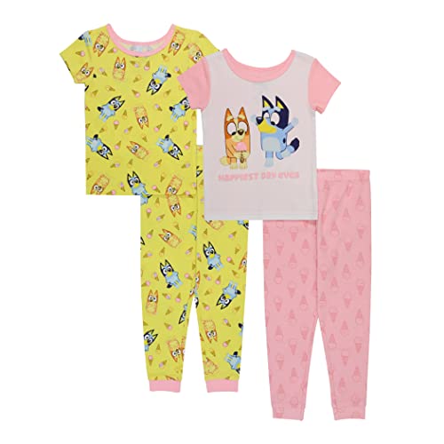 Bluey Girls' 4-Piece Cotton Snug-Fit Pajamas Set, Happy Day, 2T