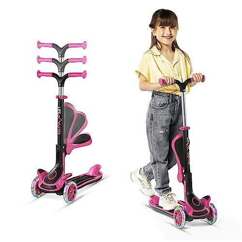 Kids Scooter – Foldable Seat – LED Wheel Lights Illuminate When Rolling – Children and Toddler 3 Wheel Kick Scooter – Adjustable Handlebar – Indoor and Outdoor- Pink - by Lifemaster