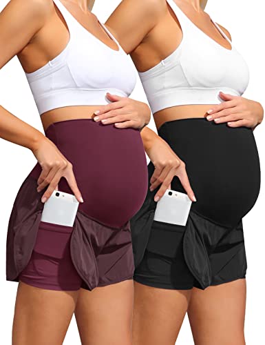 Maternity Yoga Shorts Maternity Activewear Exercise Shorts Pregnancy Shorts Large Black + Wine