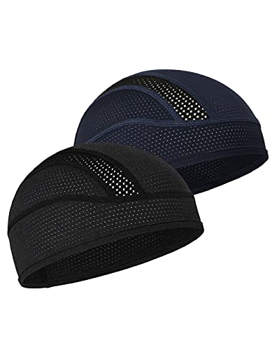 Skull Cap Helmet Liner Beanie, Cooling Mesh Cycling Running Hat for Men Women, Fits Under Helmets (Black & Dark Blue)