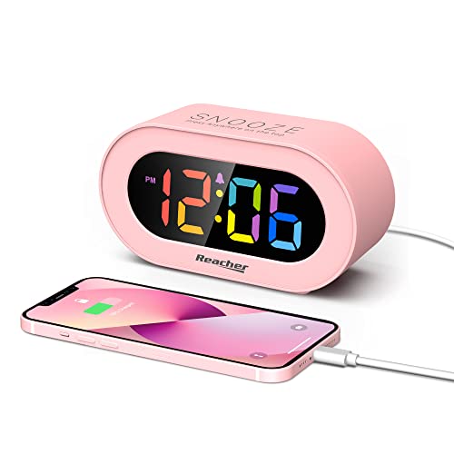 REACHER Pink Girls Alarm Clock, Dimmable Colorful LED Digital Display, USB Phone Charger Port, Simple Operation for Kids, Adults, Adjustable Volume, Snooze, Small Size for Bedrooms, Bedside, Desk