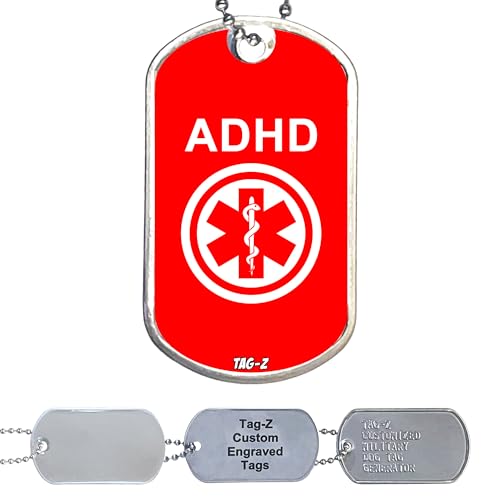 Tag-Z Medical Alert ID Necklace - ADHD - Customized Jewelry with Stainless Steel Ball Chain Necklace or Split Ring