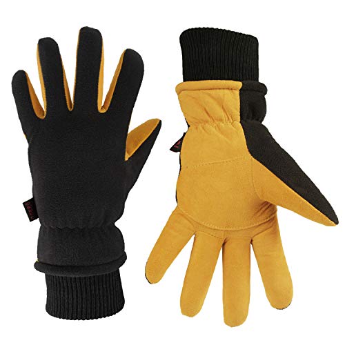 OZERO Winter Gloves for Men Women: Water-Resistant Windproof Insulated Work Gloves Leather Palm for Cold Weather Driving, Shoveling Snow, Hiking (Tan-Black, Large)