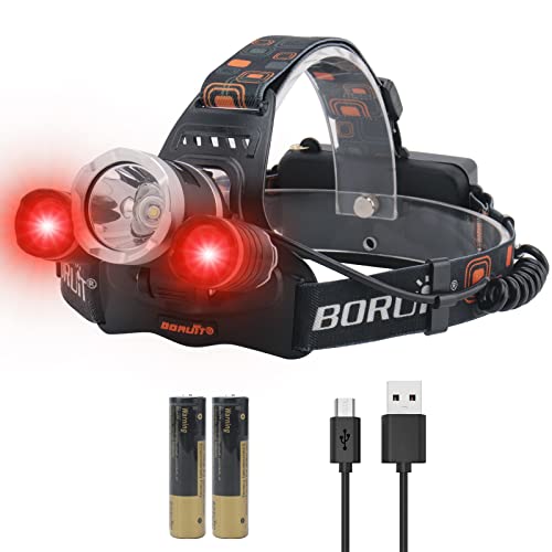 BORUIT rj3000 Hunting Headlamp Red White Light Super Bright 5000 Lumens LED Rechargeable Head Lamp 3 Mode Waterproof Head Light for Adult Fishing Camping Headlight Gear