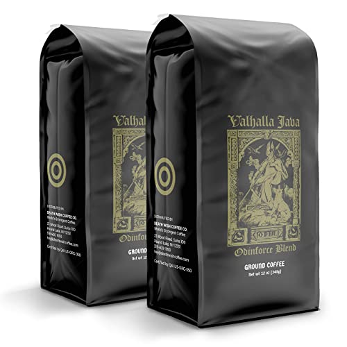 Death Wish Coffee Co. Valhalla Java Odinforce Blend - Ground Dark Roast - Extra Kick of Caffeine- Arabica & Robusta Coffee Beans - Dark Roast Coffee - 2 Bags (12oz.)
