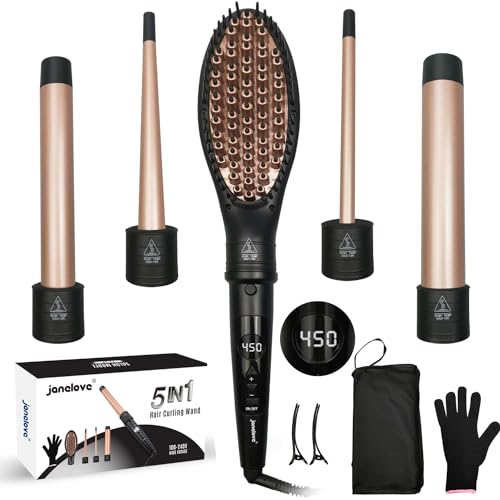 5 in 1 Curling Wand Set - Janelove 180-450℉ Ceramic Wand Curler with Hot Comb Hair Brush Straightener, 110-220V Curling Iron Set for Women Long Hair, Crimper Hair Curler Iron with LCD Display & Glove